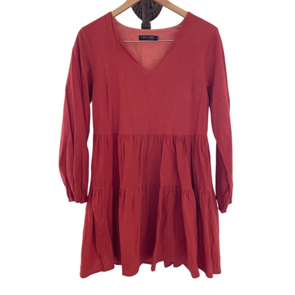 Women’s Shift Dress Bell Sleeve V-Neck Loose Dress with Pockets - Picture 2 of 3